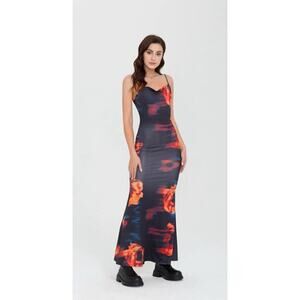Micas Y2K Cowl Neck Floral Maxi Dress Fitted Womens Size L Strappy Black NEW